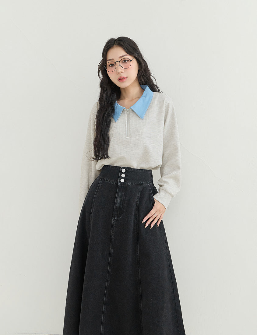 High Waist Flared Denim Plus Size Maxi Skirt