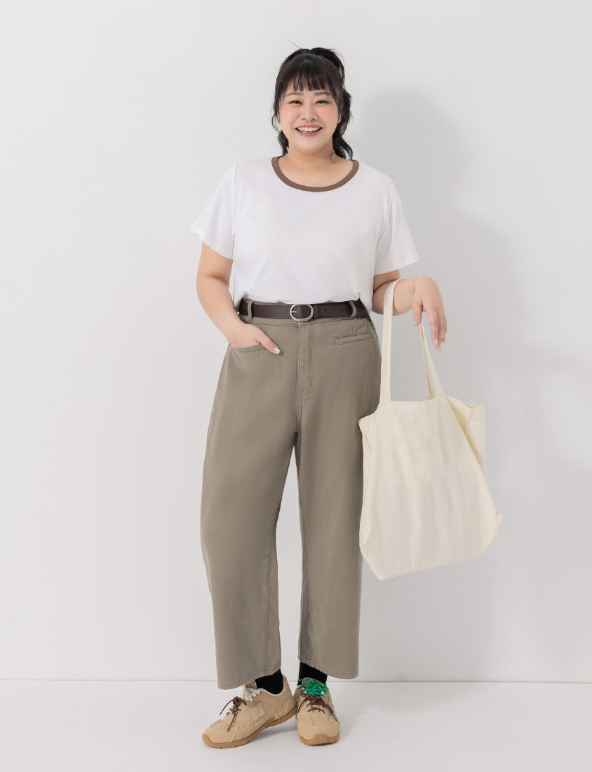 Slim Fit Wide Waistband Twill Plus Size Boyfriend Pants