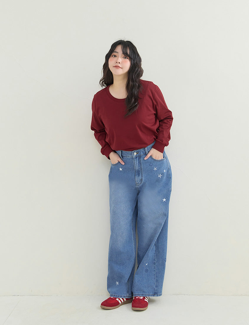 Star Embroidered Denim Plus Size Wide Leg Jeans
