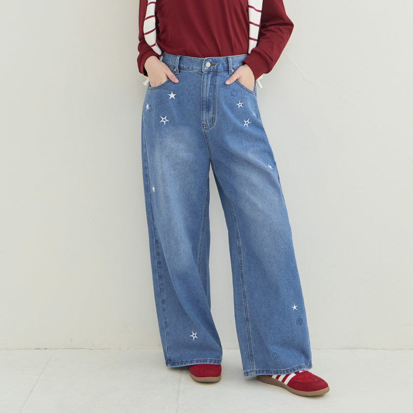 Star Embroidered Denim Plus Size Wide Leg Jeans