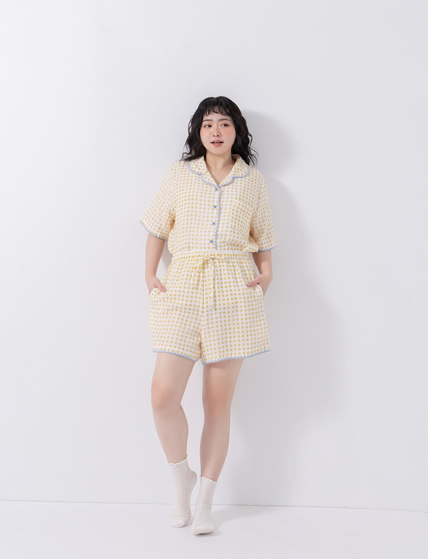 Skin-Friendly Gingham Contrast Frill Casual Plus Size Shirt