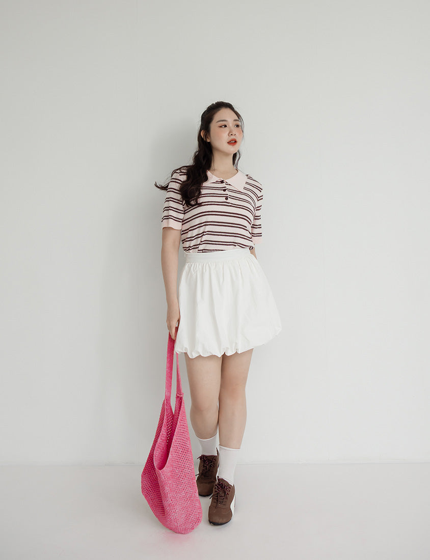 Collared Striped Knit Short Sleeve Plus Size Top