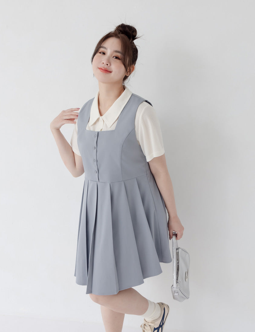 Square Neck Button Pleated Plus Size Mini Dress