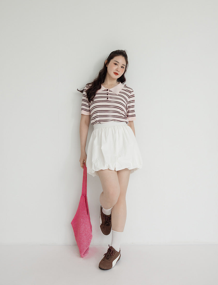 Collared Striped Knit Short Sleeve Plus Size Top