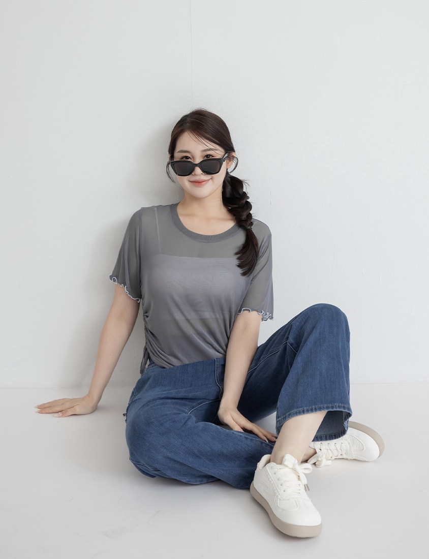 Side Drawstring Sheer Ruffle Sleeve Plus Size Top