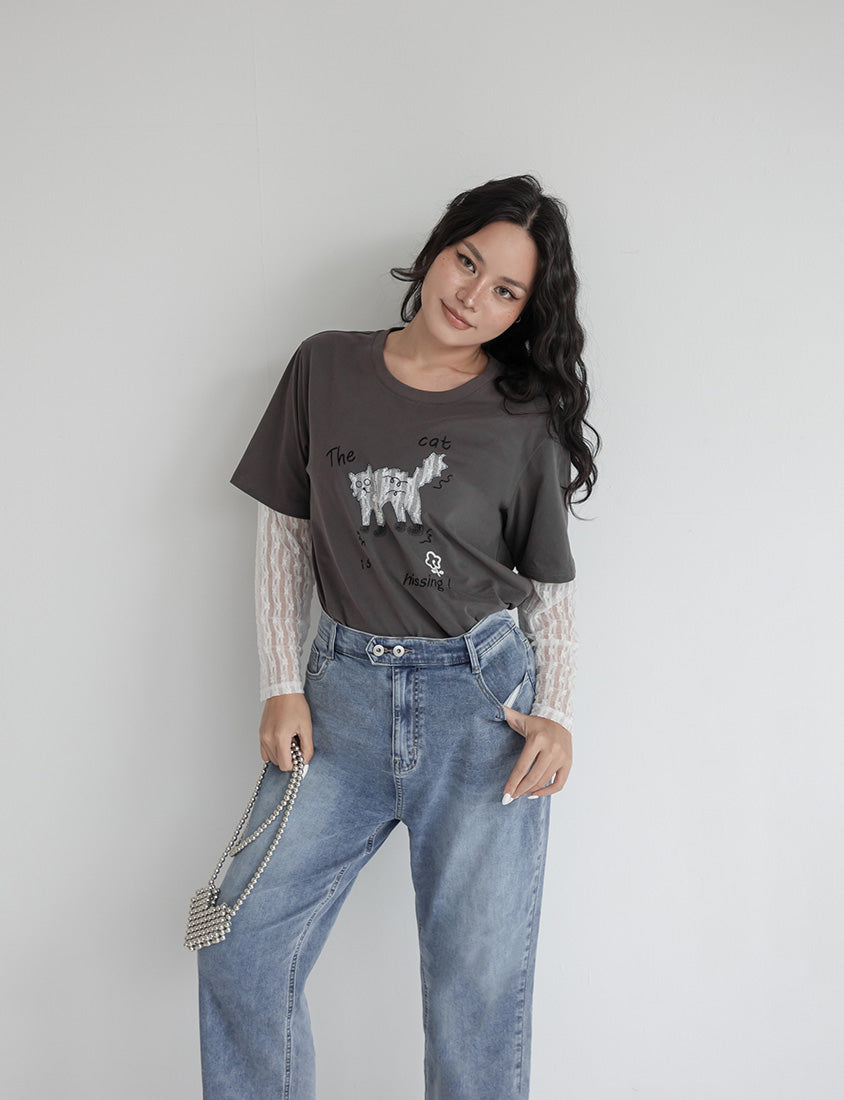 Contrast Lace Cat Faux Two-Piece Plus Size Tee