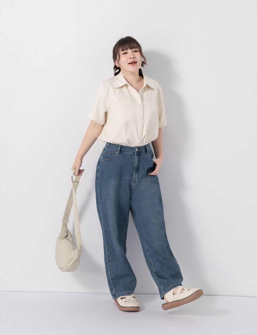 Double Pocket Twill Shell Button Plus Size Shirt
