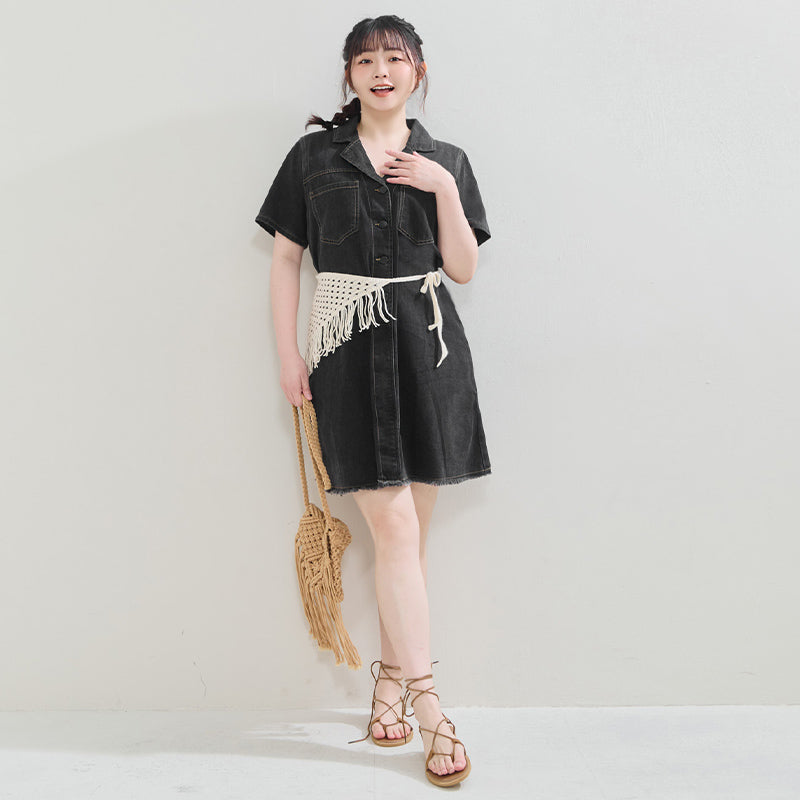 Frayed Hem Pocket Denim Plus Size Mini Dress