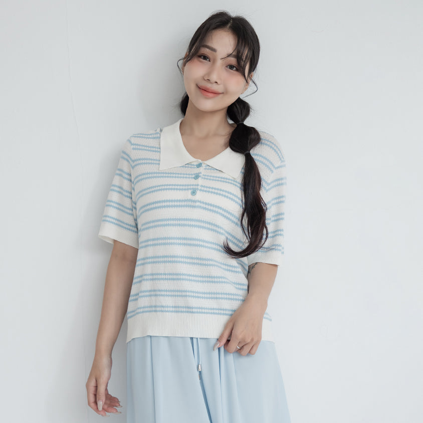 Collared Striped Knit Short Sleeve Plus Size Top