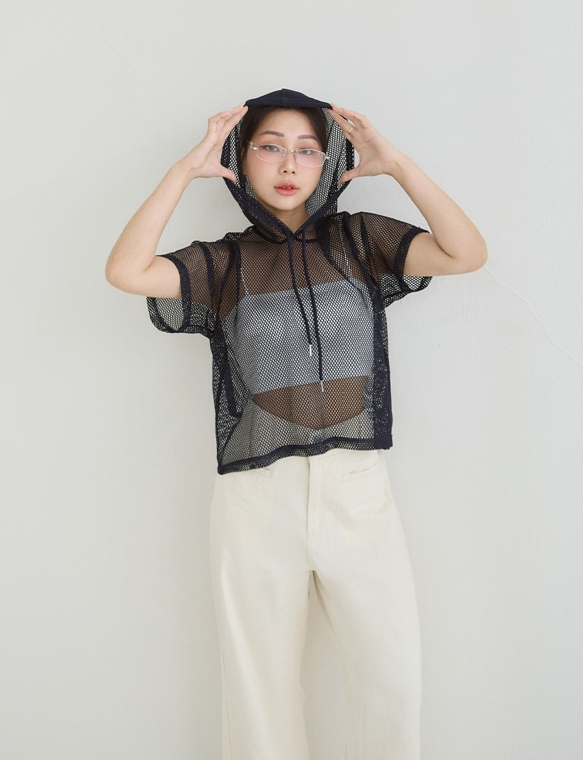 Casual Sporty Mesh Hooded Plus Size Top
