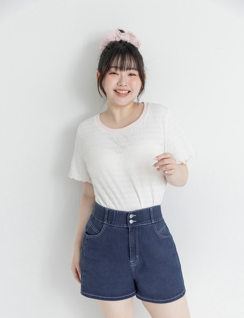 Bow Embroidery Ruffle Crinkle Plus Size Top