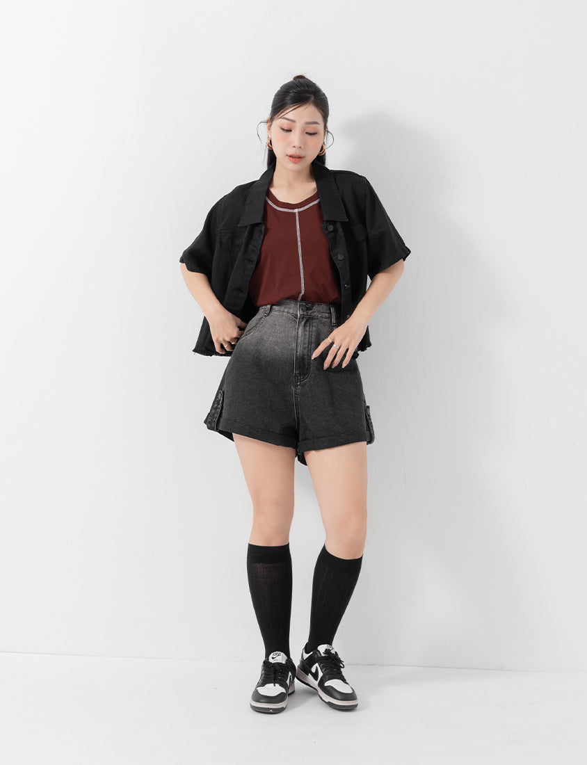 MUA! Cropped Contrast Stitch Short Sleeve Plus Size Tee