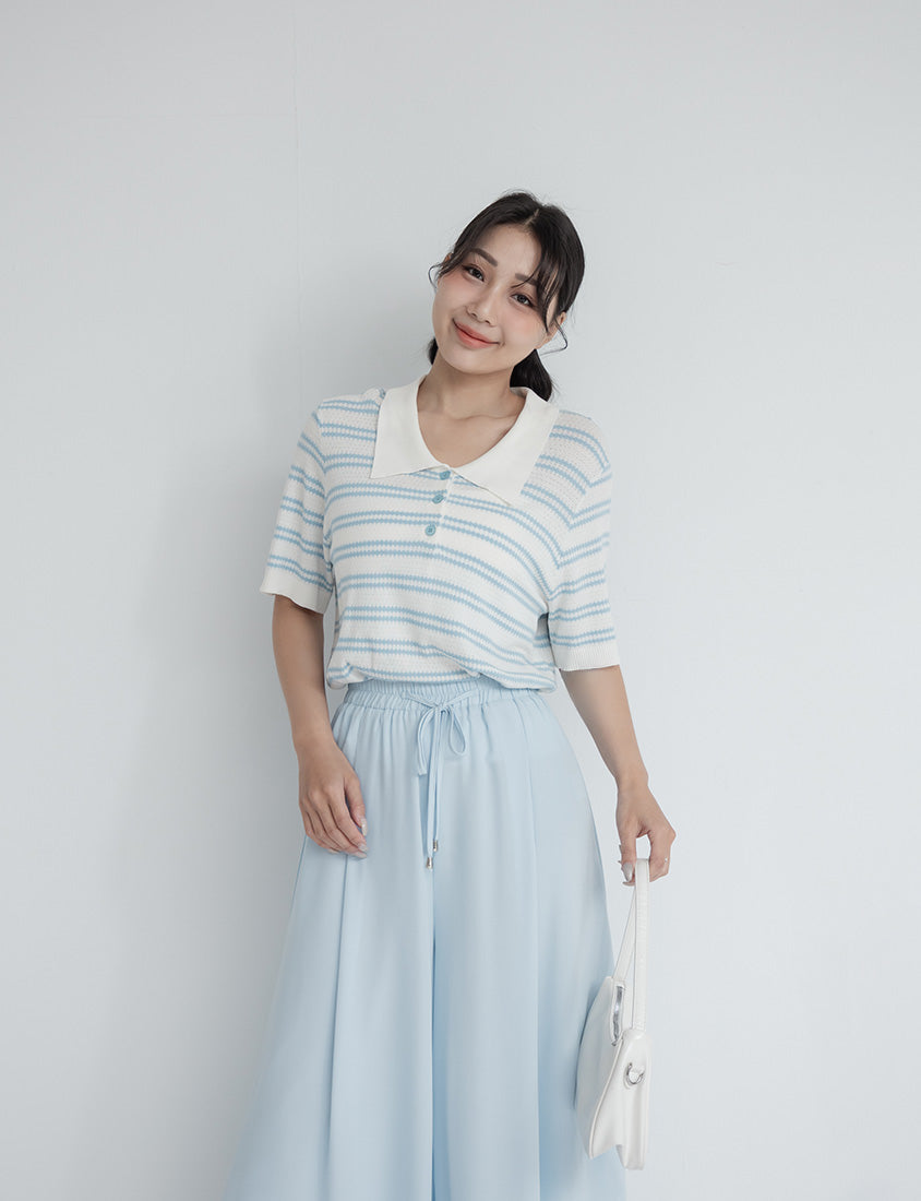 Collared Striped Knit Short Sleeve Plus Size Top