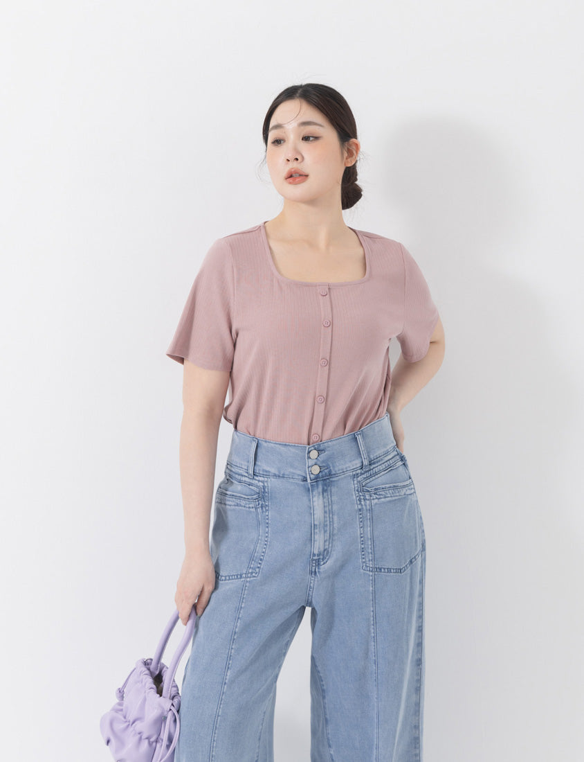 Tencel Ribbed Faux Button Square Neck Plus Size Top