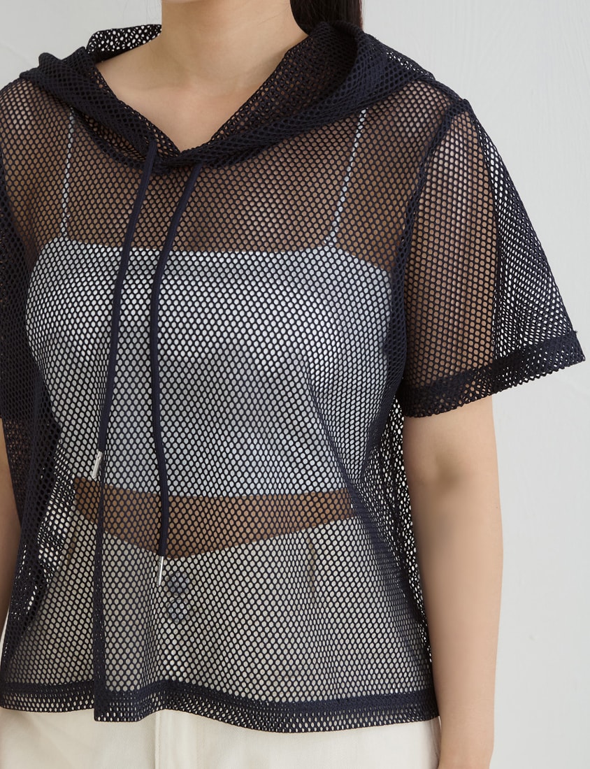 Casual Sporty Mesh Hooded Plus Size Top