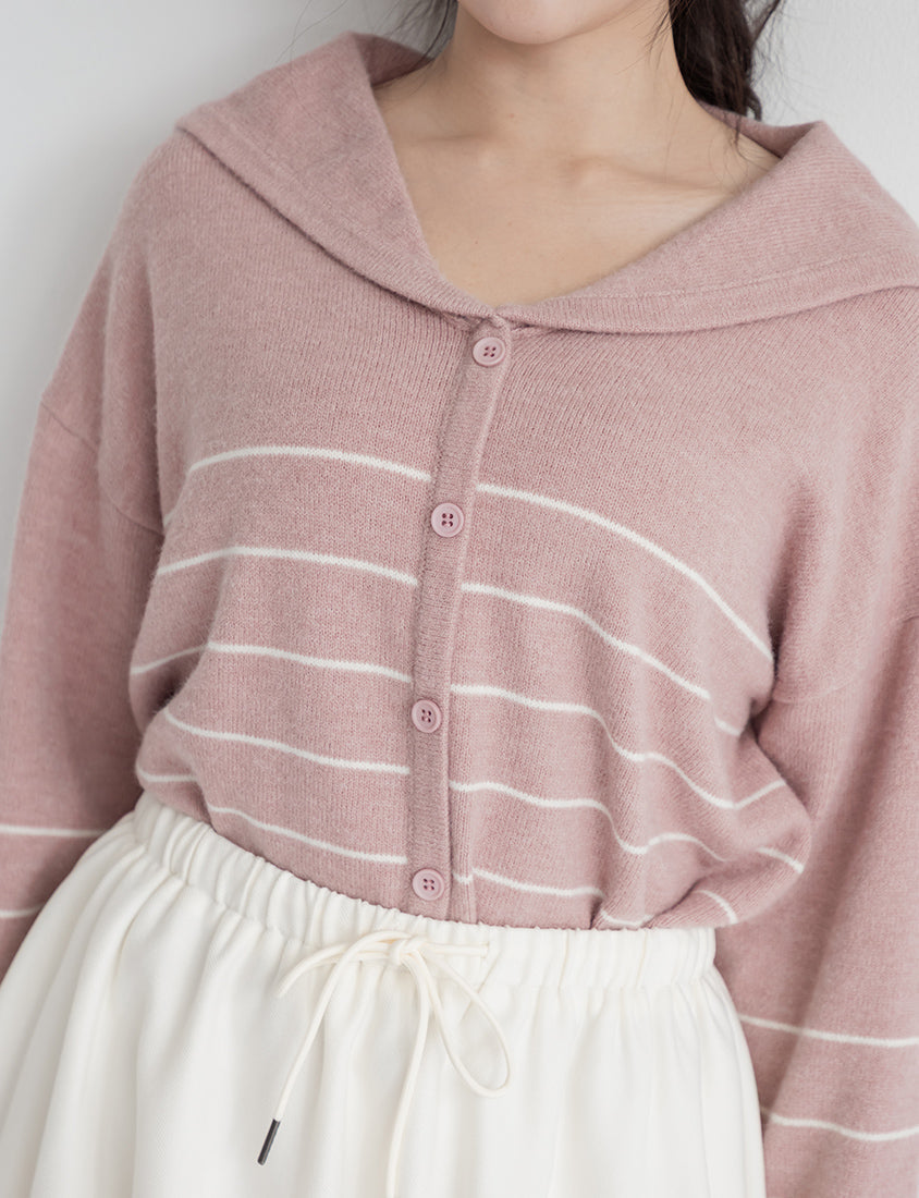 Striped Faux-Button Sailor Collar Plus Size Knit Top
