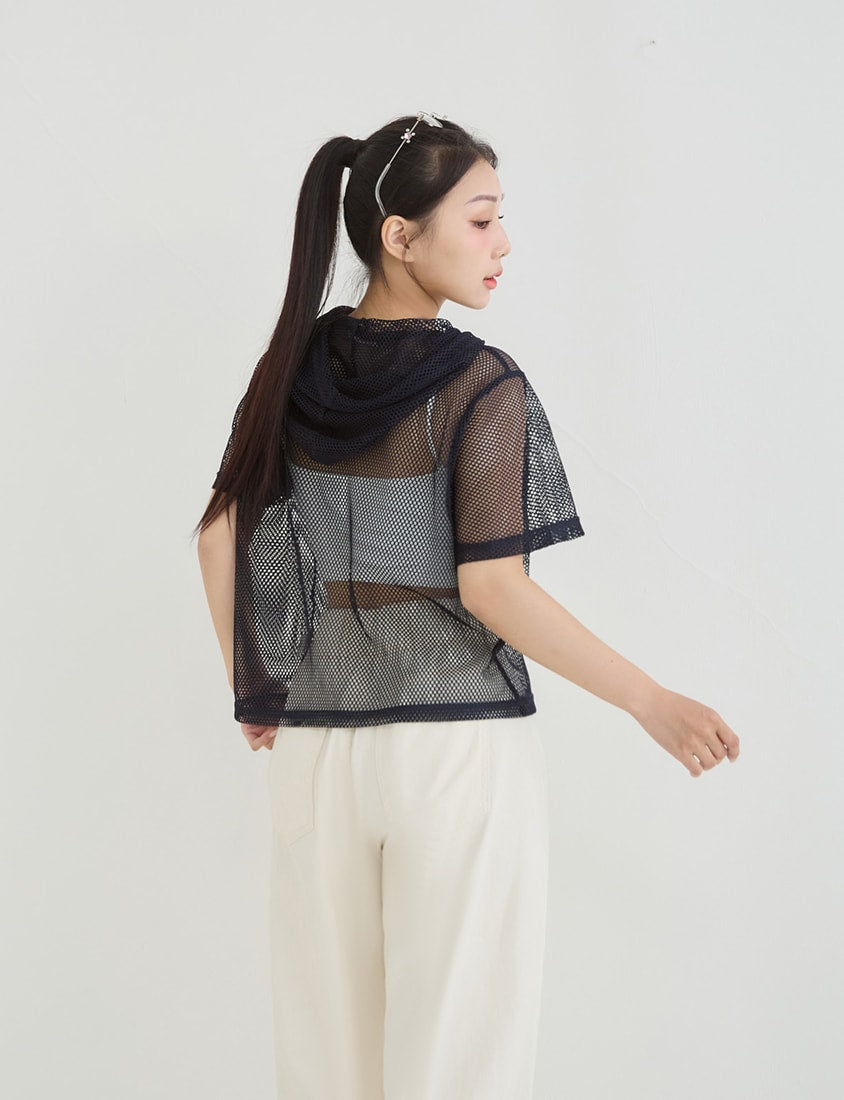 Casual Sporty Mesh Hooded Plus Size Top