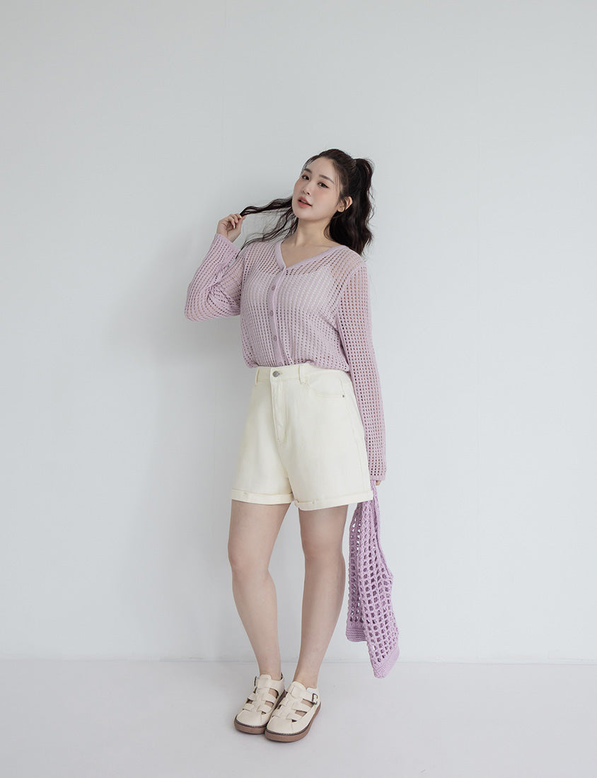 V-Neck Ice Silk Openwork Knit Plus Size Cardigan