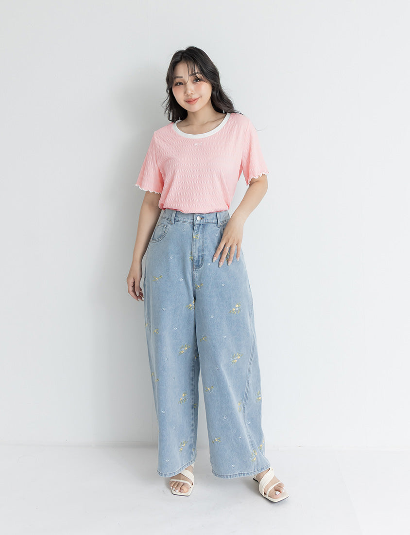 Bow Embroidery Ruffle Crinkle Plus Size Top