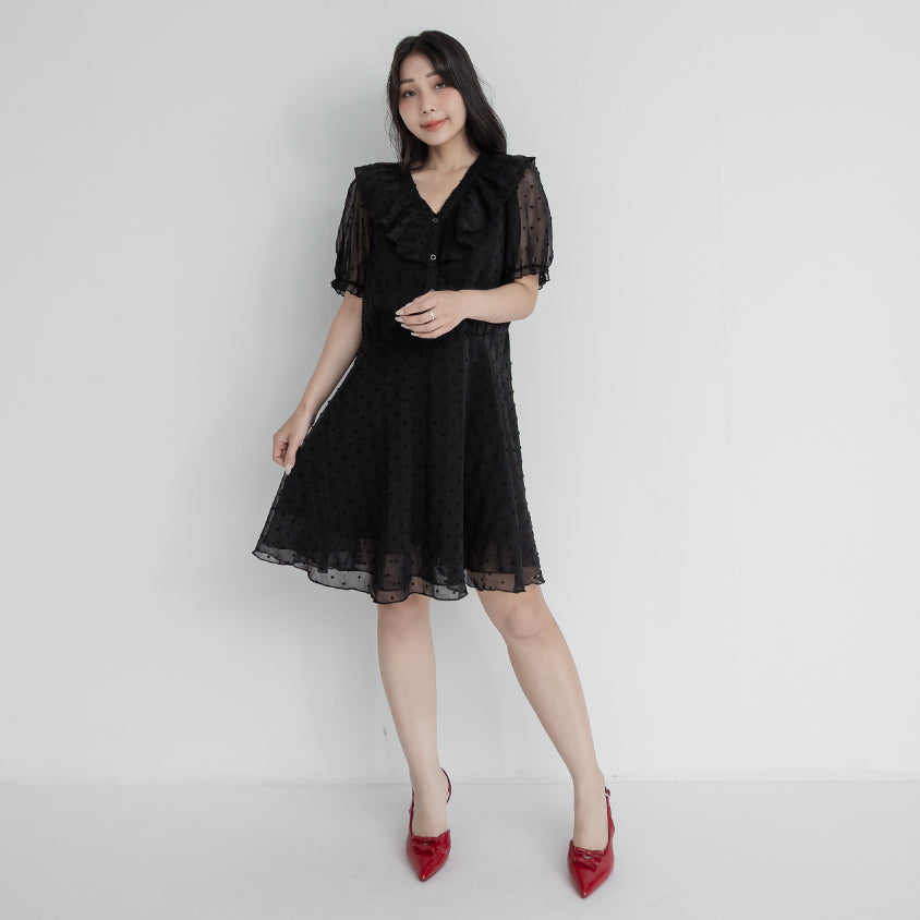MISS. Polka Dot Jacquard Ruffle V-Neck Plus Size Mini Dress