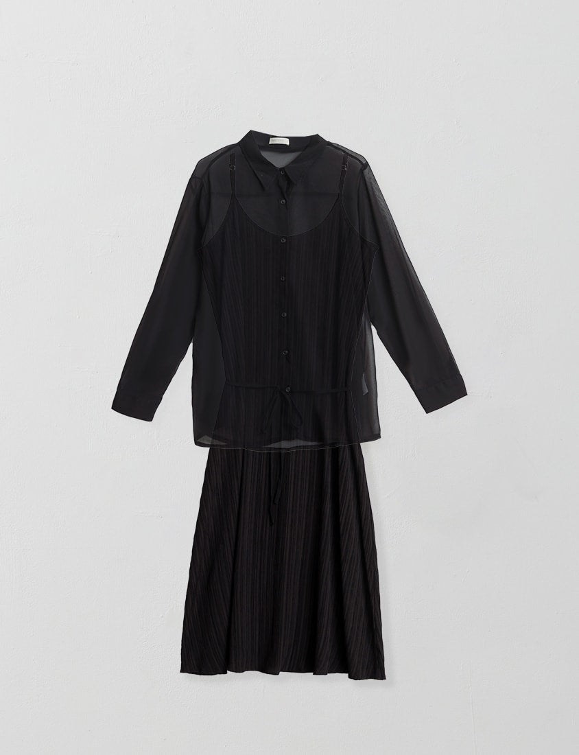 Sheer Shirt With Strap Dress Plus Size Set (With Waist Tie)