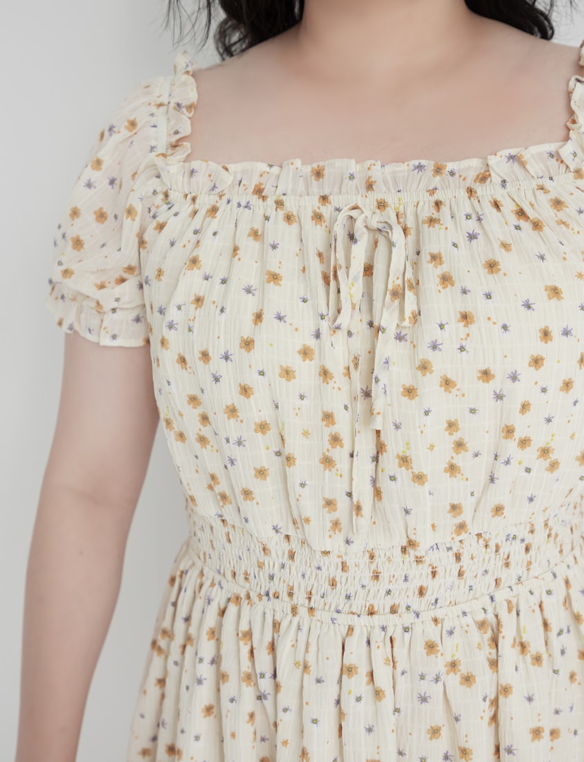 Vacation-Style Floral Euffle Off-Shoulder Plus Size Mini Dress