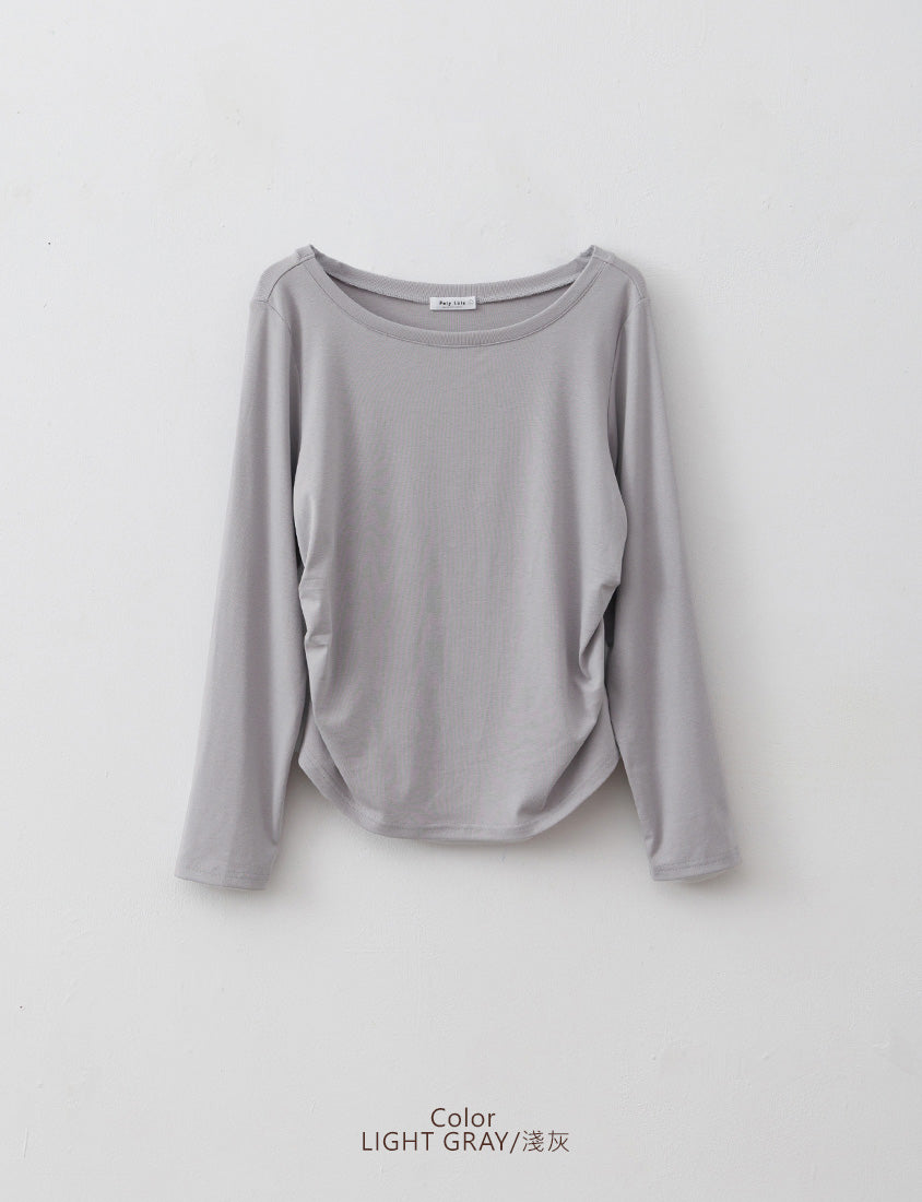 MUA! Versatile Round Neck Side Pleated Plus Size Long Sleeve Top