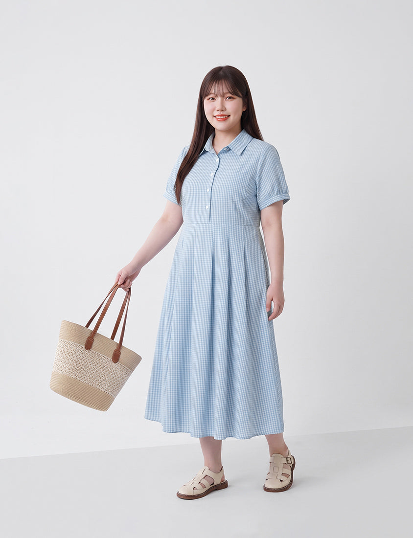 Collared Button-Up Gingham Plus Size Maxi Dress