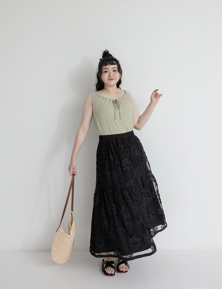 3D Floral Tiered Mesh Plus Size Maxi Skirt