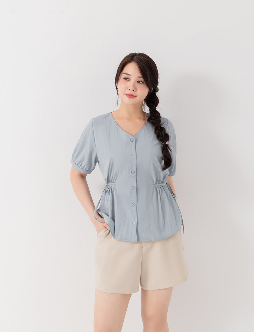 V-Neck Button Front Tie Waist Plus Size Top