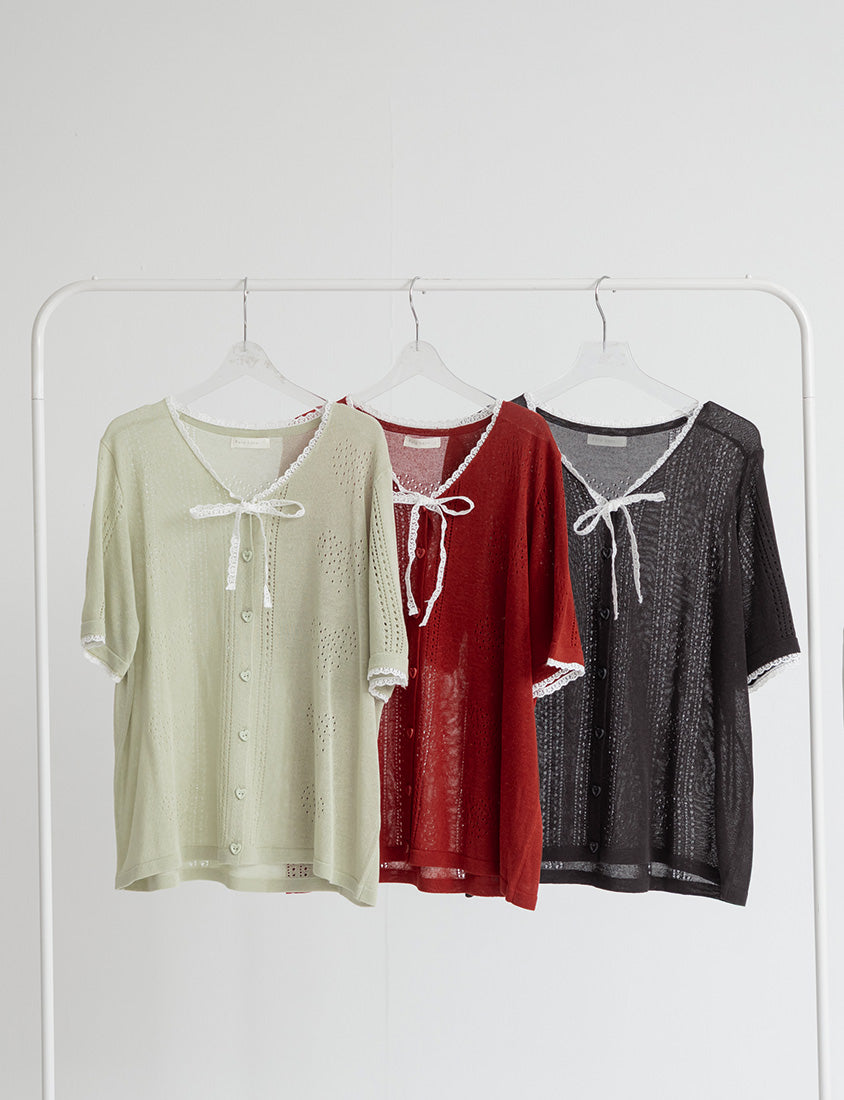 Lace Collar Heart Cutout Plus Size Knit Cardigan