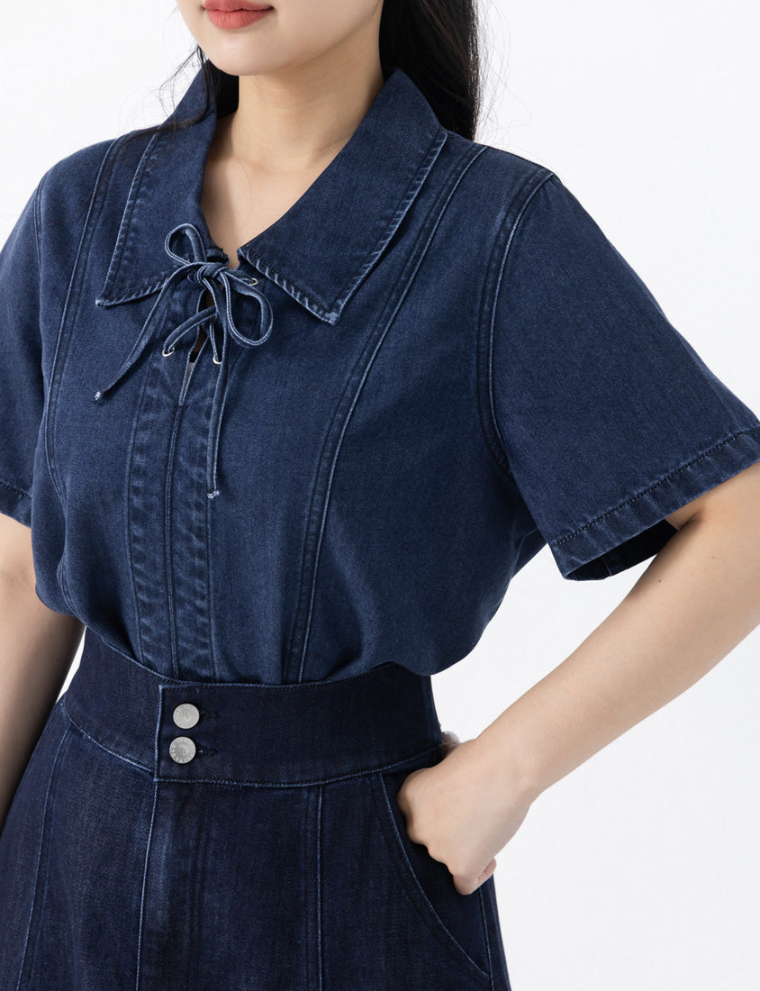 Tencel Silky Denim Tie-Front Collar Plus Size Top