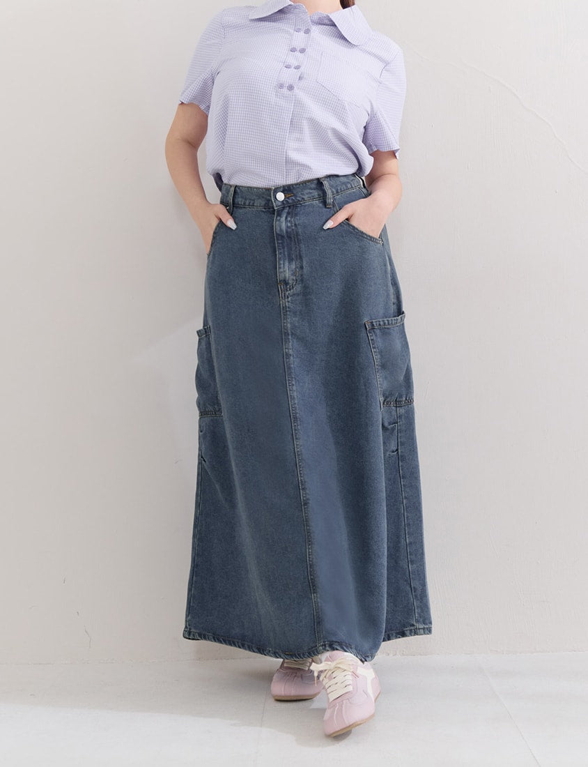 Cooling Lyocell Silky Denim Utility Plus Size Maxi Skirt