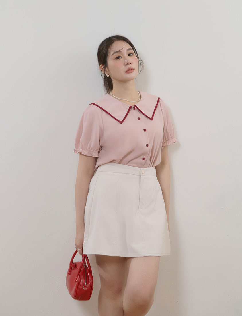 MISS. Contrast Doll Collar Heart Button Plus Size Shirt