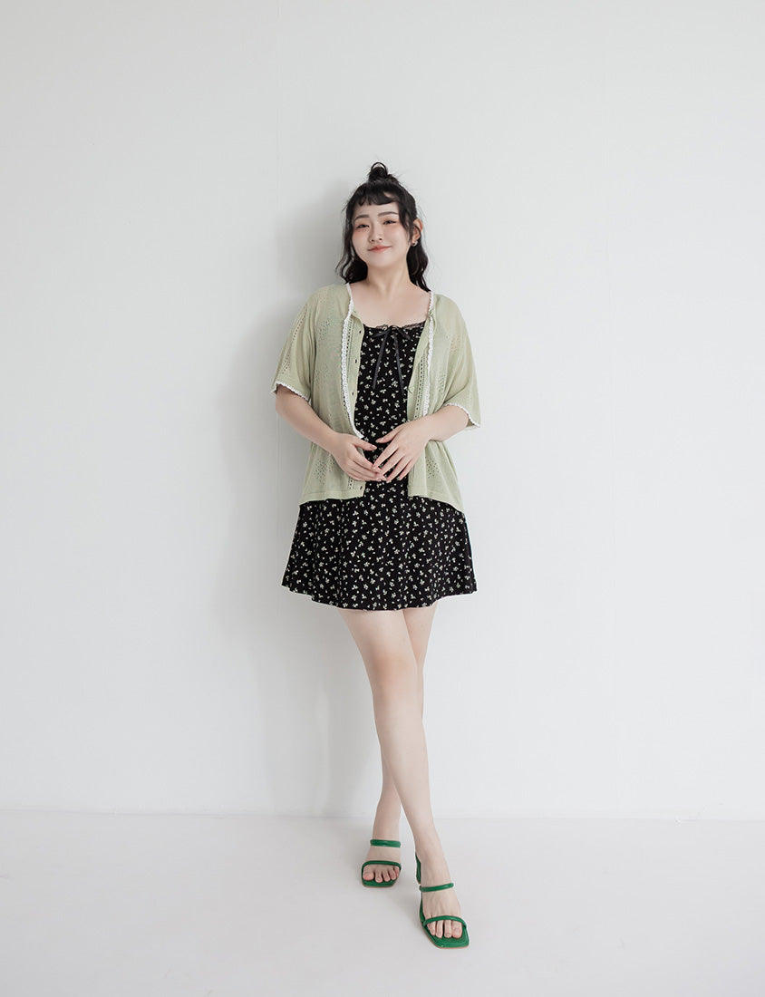 Adjustable Lace Floral Ruched Plus Size Mini Dress
