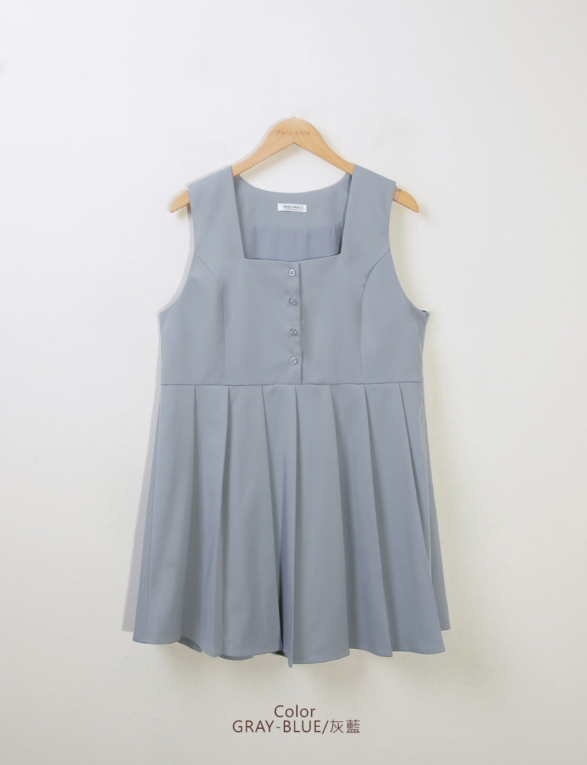 Square Neck Button Pleated Plus Size Mini Dress