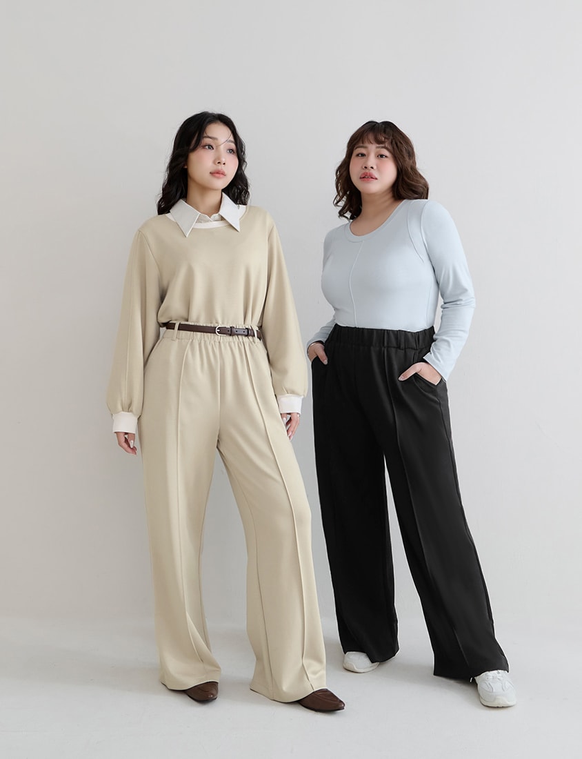 Crewneck 3D Pleated Plus Size Long Sleeve Tee