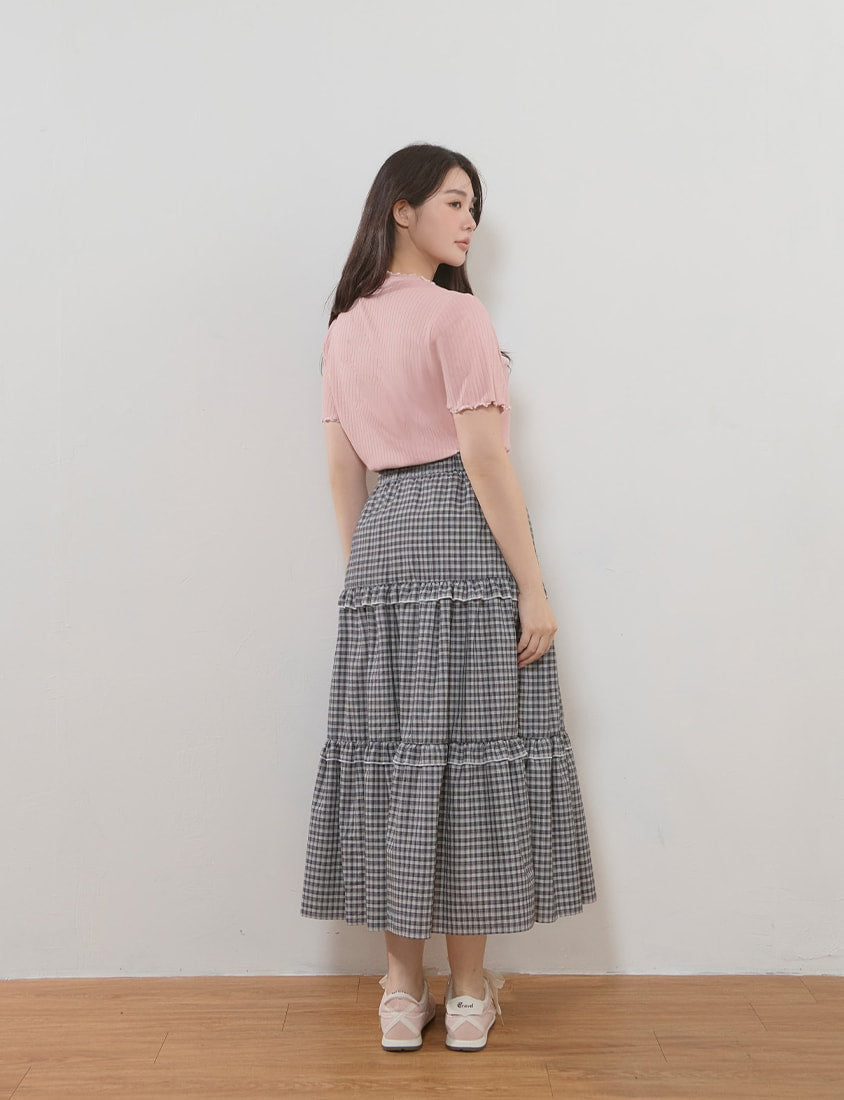 Japanese Style Sweet Tiered Plaid Plus Size Maxi Skirt