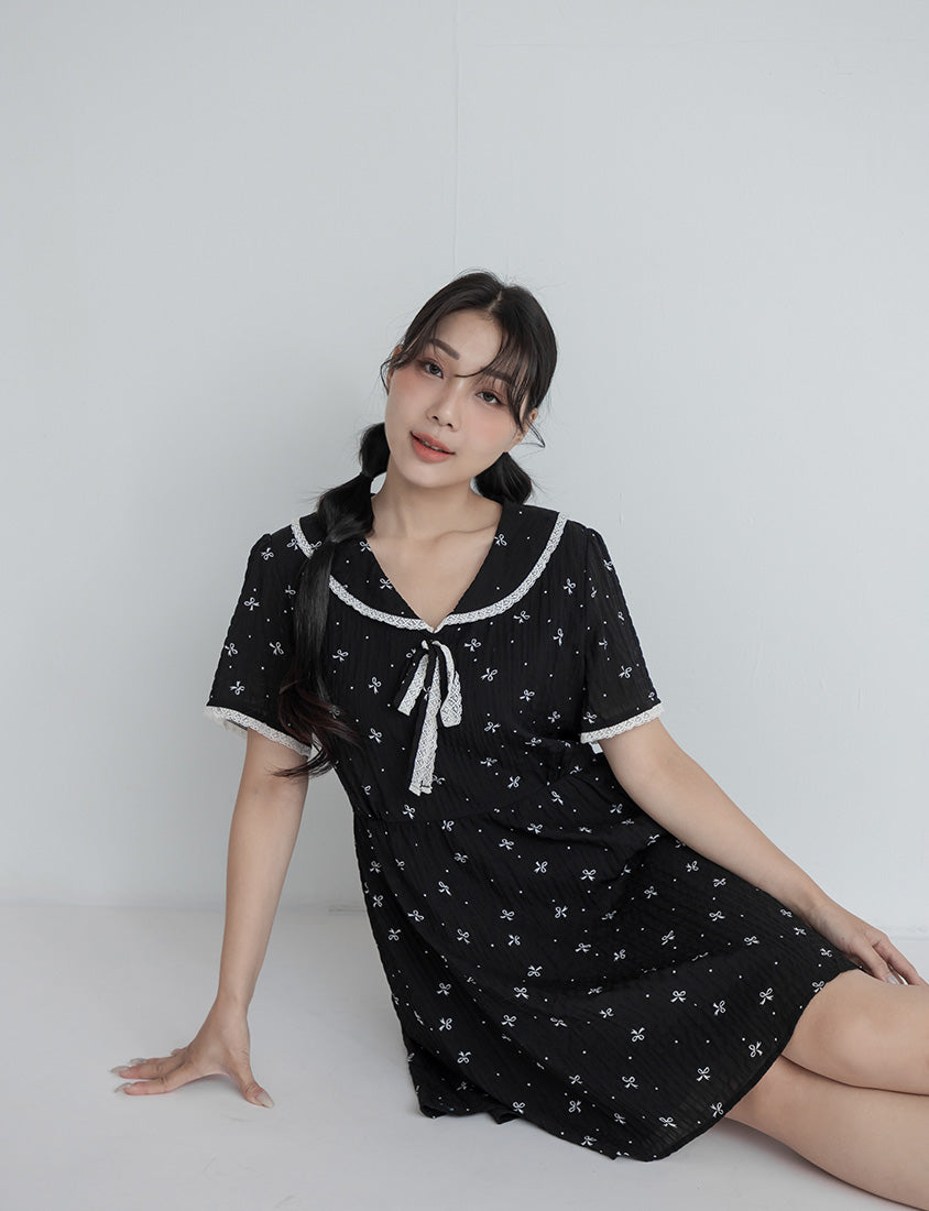 All-Over Bow Collared Plus Size Mini Dress