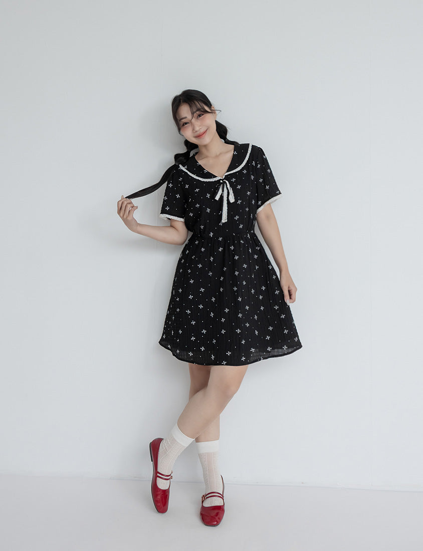 All-Over Bow Collared Plus Size Mini Dress