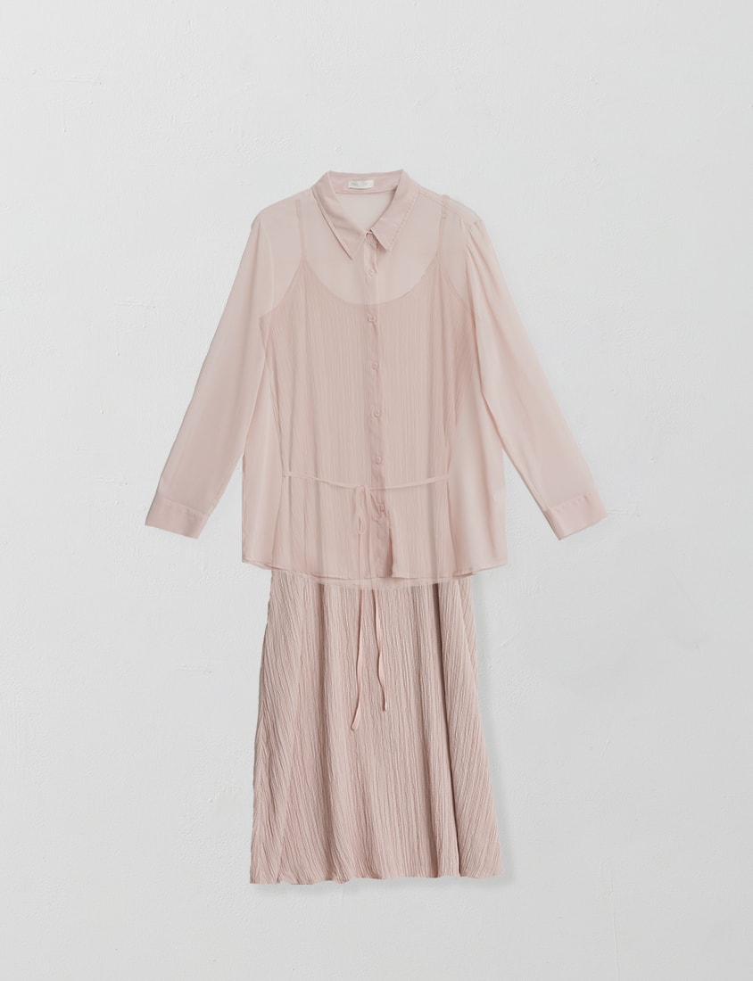 Sheer Shirt With Strap Dress Plus Size Set (With Waist Tie)