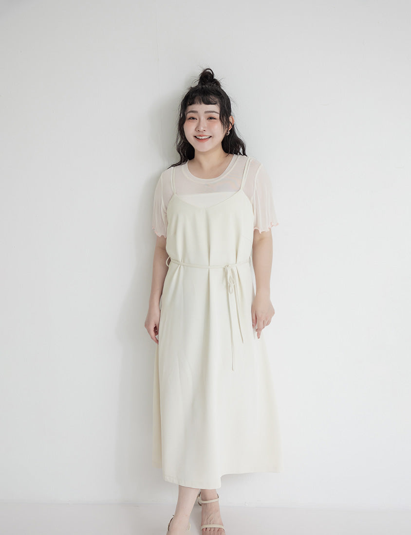 Wrinkle-Resistant A-Line  Plus Size Cami Maxi Dress (With Waist Tie)