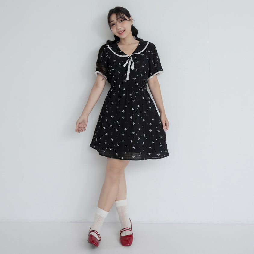 All-Over Bow Collared Plus Size Mini Dress