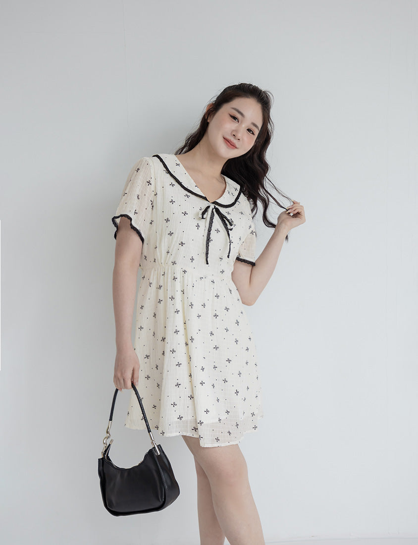 All-Over Bow Collared Plus Size Mini Dress
