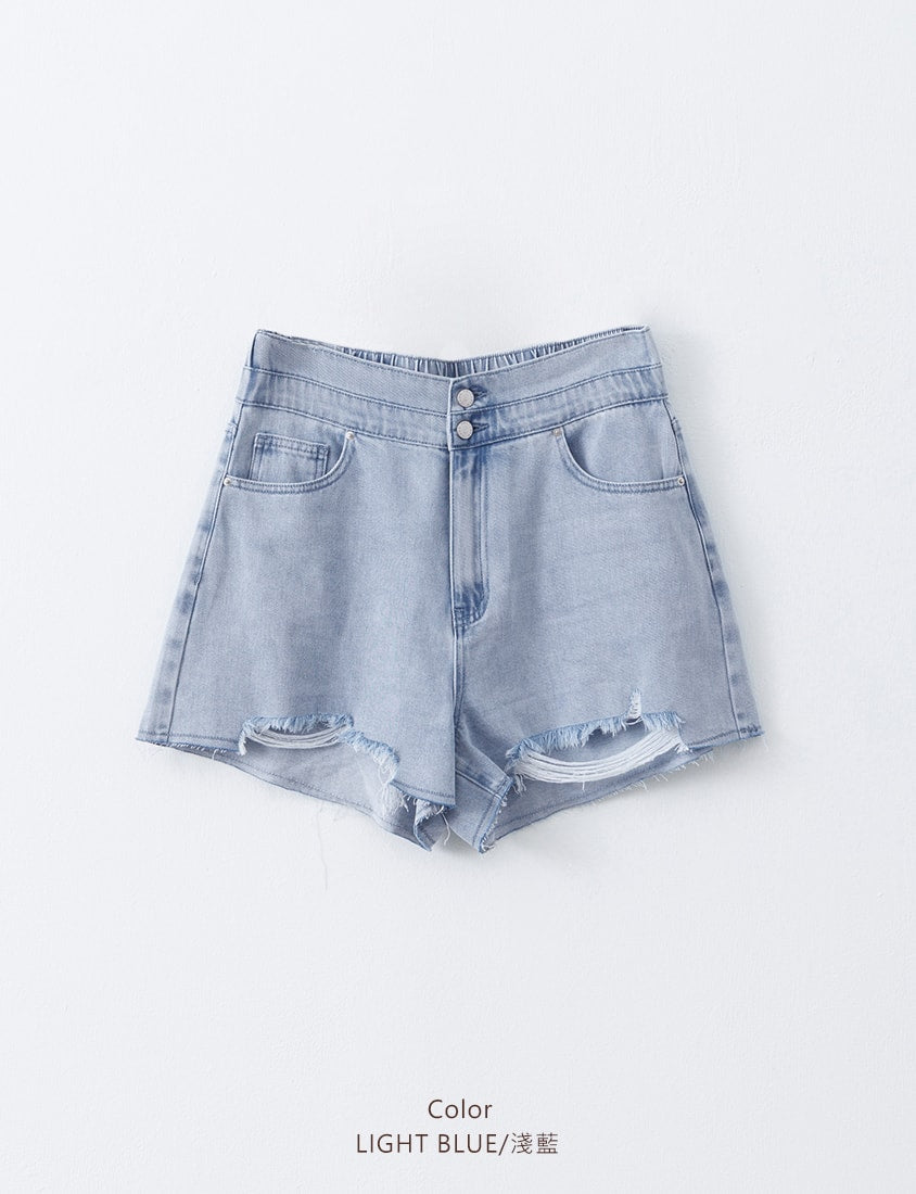 Tencel Silky Denim Double Button Distressed Plus Size Shorts
