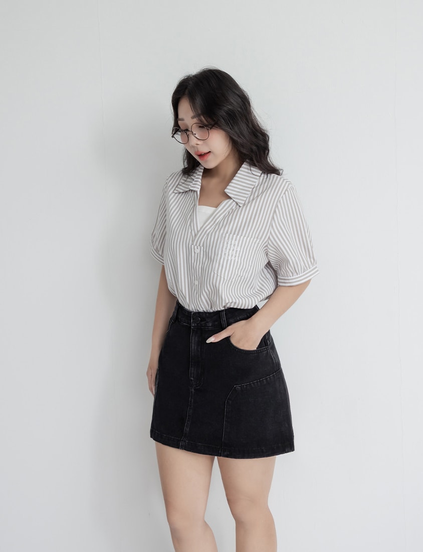 Faux Two Piece Stripe Collar Plus Size Top
