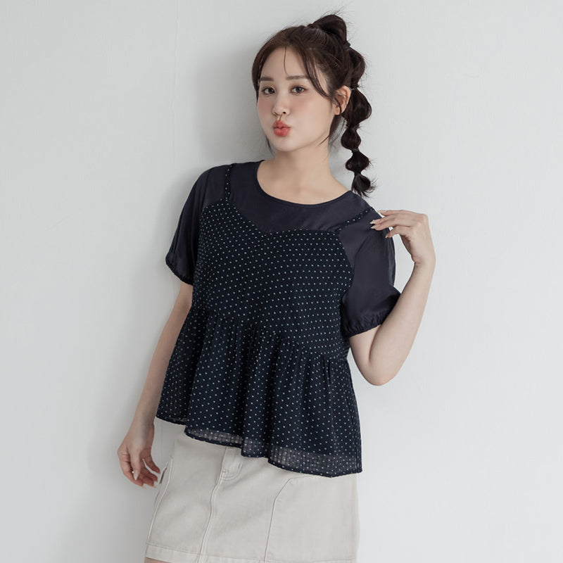 Cute Floral Print Faux Two Piece Plus Size Top