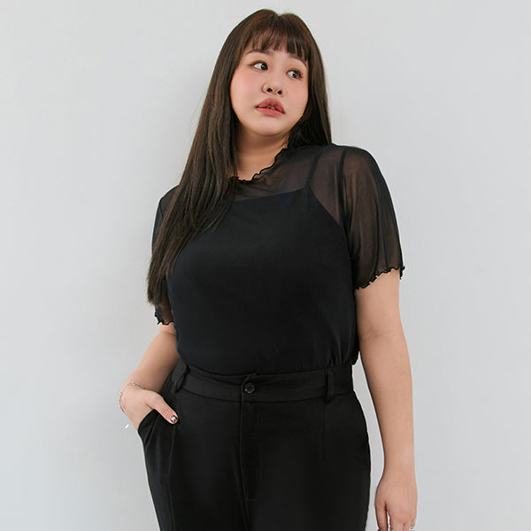MISS. Ruffle Trim Sheer Plus Size Short Sleeve Top