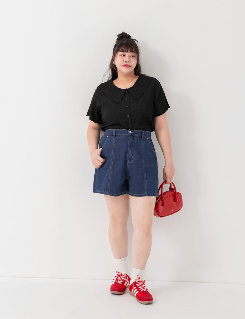 Collared Crinkle Faux Button Short Sleeve Top