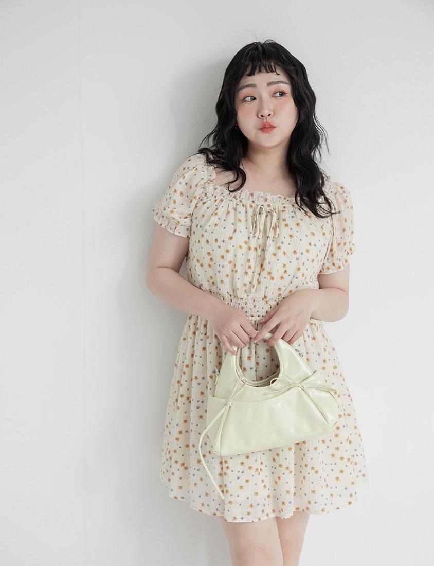 Vacation-Style Floral Euffle Off-Shoulder Plus Size Mini Dress